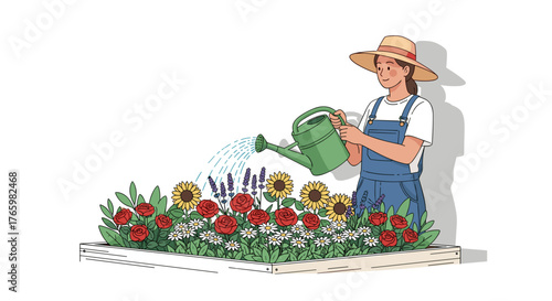 Woman gardening watering flowers in garden bed with watering can summertime outdoor activity illustration