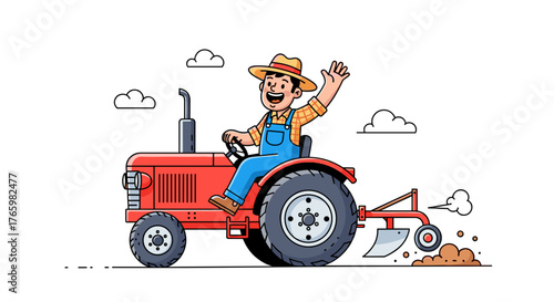 Illustration of farmer driving red tractor in field agriculture farming rural scene farm vehicle cartoon style
