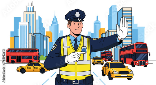 Traffic police officer controlling traffic in city with taxis and buses illustration vector design