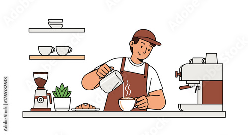 Barista pouring milk into coffee cup at cafe coffee shop espresso maker professional coffee preparation