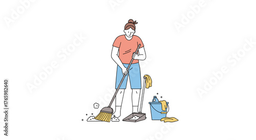 Woman cleaning floor with broom vector illustration home cleaning service housekeeping cleaning supplies sweeper