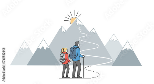 Couple hiking mountain peak adventure travel journey trekking outdoor activity destination achievement challenge