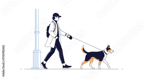 Man walking dog on leash in city street vector illustration for canine companion outdoor activity design