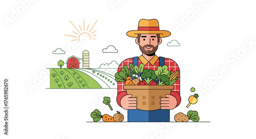 Illustration of farmer holding basket full of fresh vegetables from farm harvest organic local produce market 100