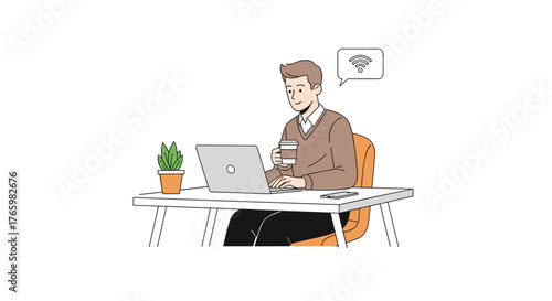 Man working remotely at desk with laptop, coffee, and wifi connection for online meetings and productivity