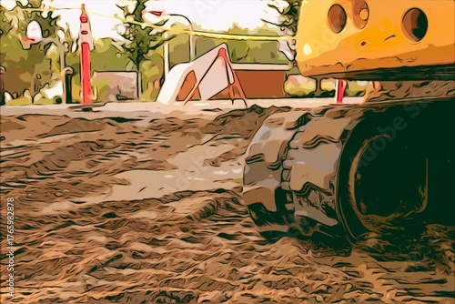 Cartoon of construction site close-up excavator rubber tracks in dirt at sunset