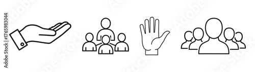 Vector art of illustrations of hand gestures and groups of people, representing support, community, and participation on transparent background