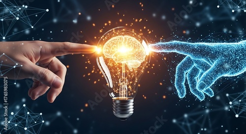 Creative idea inspiration concept with light bulb and human hands touching