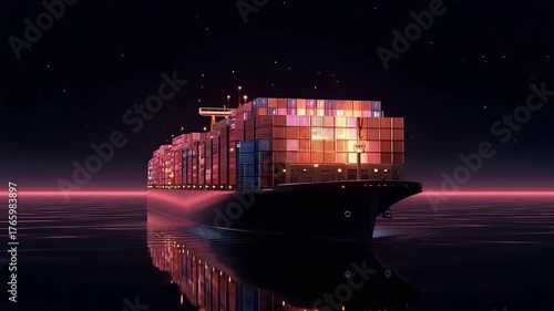 A large container ship at night loaded with brightly colored cargo containers, glowing lights, and a reflection on the calm sea.