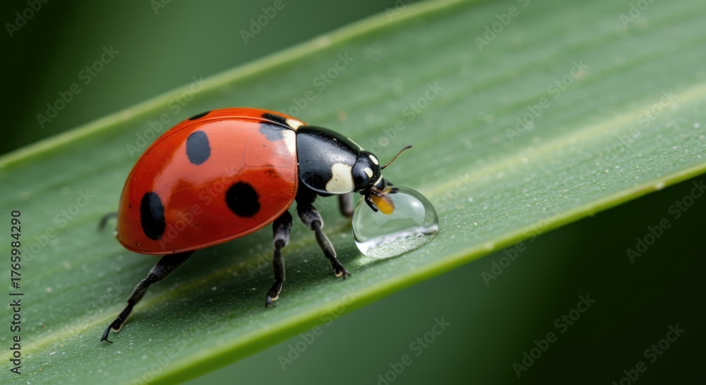 Fototapeta premium Delicate ladybug with water droplet on vibrant green leaf evokes nature's beauty and peaceful summer days