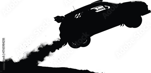 A silhouette of a car jumping with smoke coming from the exhaust, isolated on white background the car is in midair, showing the power and performance