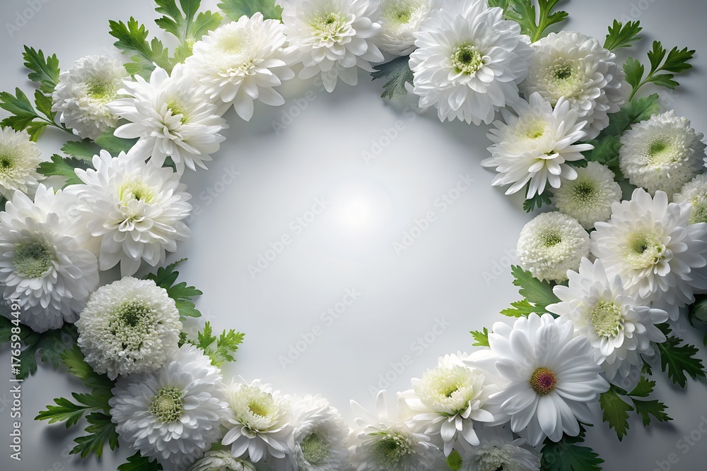 Fototapeta premium Delicate white floral wreath with green foliage on a soft white background