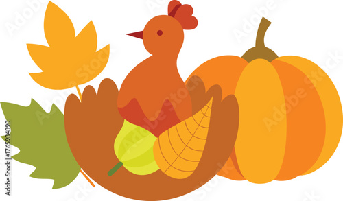 Charming thanksgiving day elements bundle turkey pumpkin autumn leaves vector illustration