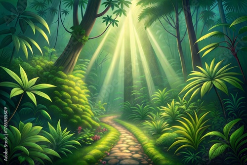 Rain forest Path with Light Beams Tropical Nature Scene with Lush Greenery illustration.