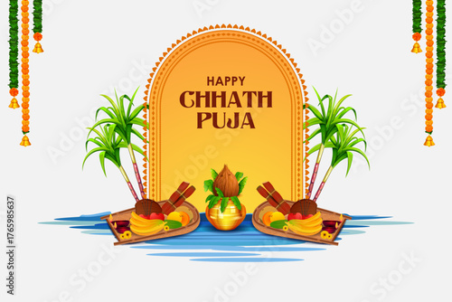 Holiday background for Sun festival of India with greetings in Hindi meaning  Happy Chhath Puja