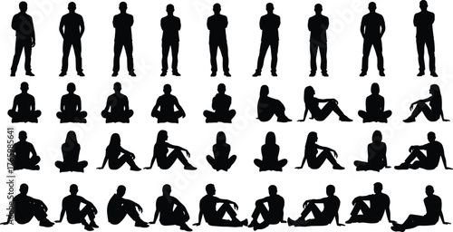 Collection of male and female silhouettes standing and sitting on ground in various relaxed poses, isolated black vector illustration set