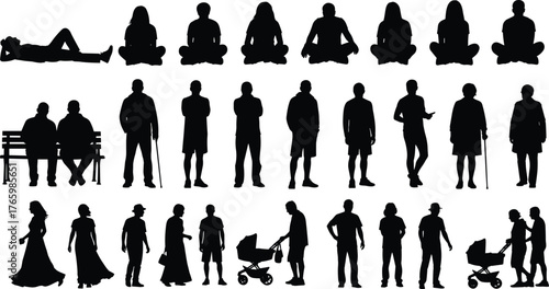 Collection of people silhouette in various poses walking, sitting, standing, pushing stroller, relaxing, talking, isolated vector illustration set