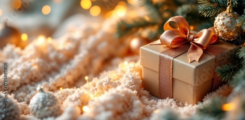 Christmas Gift with Golden Ribbon on white Background