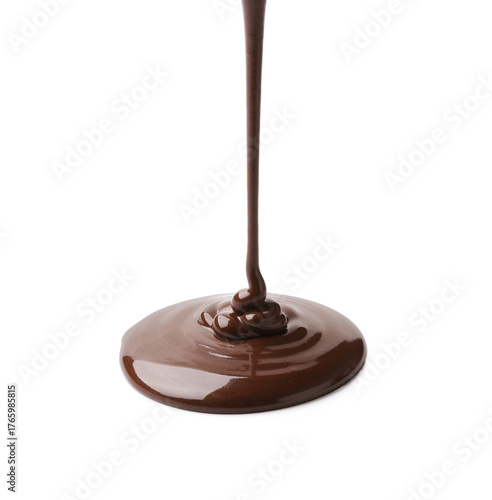 Pouring tasty melted chocolate on white background