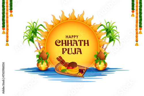 Holiday background for Sun festival of India with greetings in Hindi meaning  Happy Chhath Puja