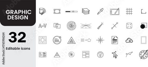 Collection of 32 editable graphic design icons representing various creative tools and concepts