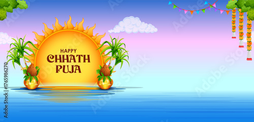 Holiday background for Sun festival of India with greetings in Hindi meaning  Happy Chhath Puja