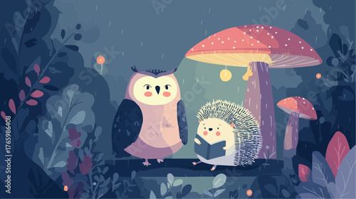 Whimsical flat vector of an owl and hedgehog reading under a mushroom on a rainy night, glowing forest scene perfect for children’s books, nursery prints, and cozy storytelling decor