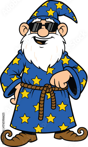Cool cartoon wizard character in star robe, wearing sunglasses, magical fantasy design, fun illustration, bearded mage vector for children, comics