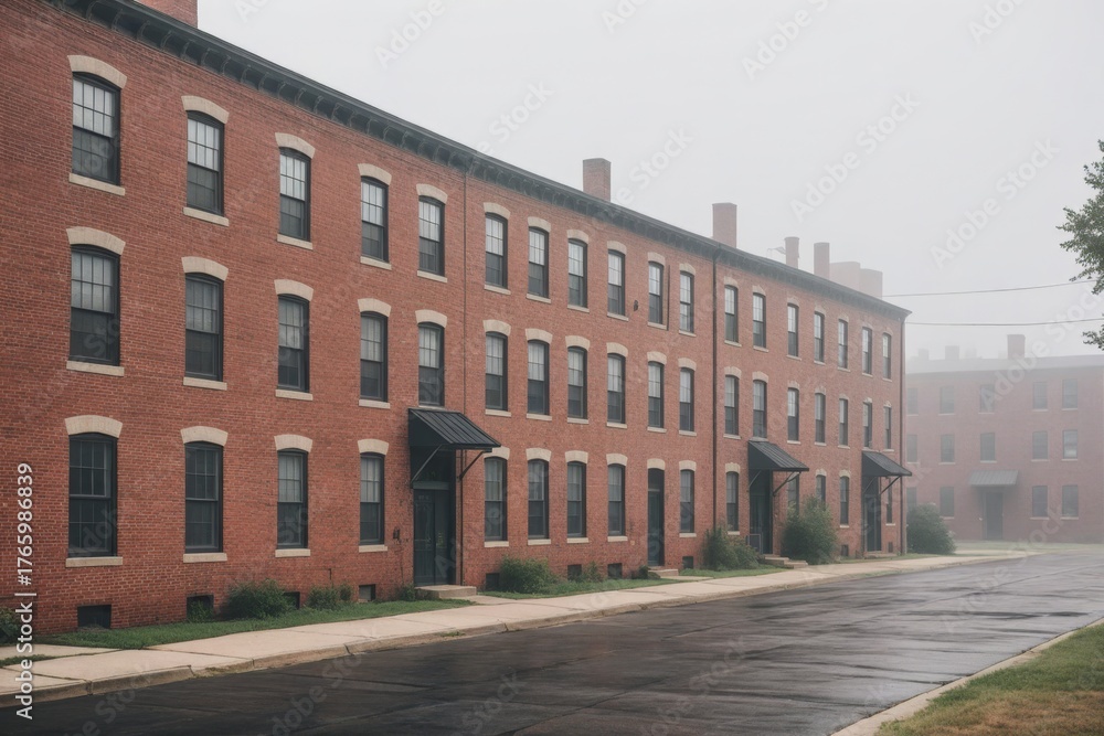 Fototapeta premium Alte Industriegebäude / Wohngebäude in Nebel in urbanem Umfeld