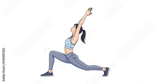 Woman doing yoga pose warrior one for fitness and wellness stretching exercise at home or studio class on transparent background