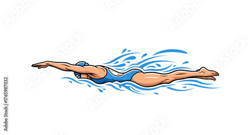 Female swimmer freestyle swimming in water with blue swimsuit and cap for competition and exercise training on transparent background