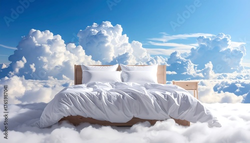 A bed floats amidst fluffy clouds under a bright blue sky