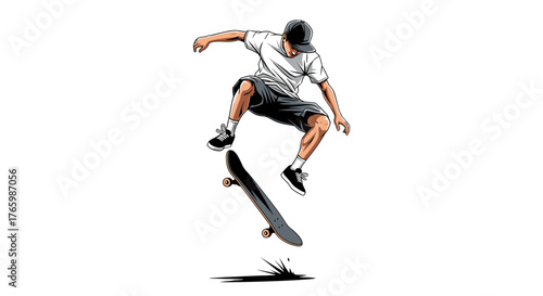 Skateboarder doing a trick ollie jump extreme sport vector illustration freestyle skateboarding action art on transparent background