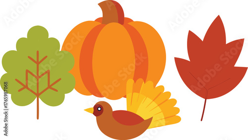 Thanksgiving day vector elements bundle turkey pumpkin autumn leaves festive illustration