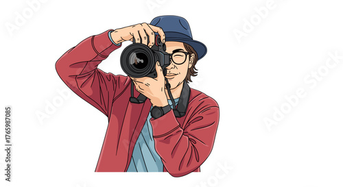 Illustration of photographer taking photo with camera professional photography hobbyist with hat and glasses on transparent background