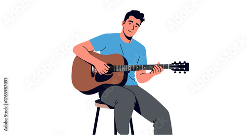 Man playing acoustic guitar illustration for music lessons and guitar tutorials for beginners and experts on transparent background
