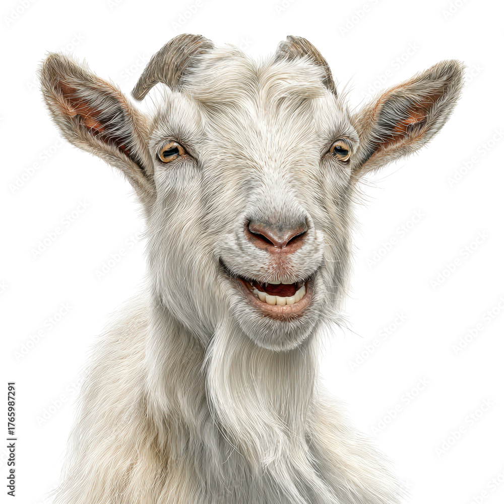 Fototapeta premium Smiling goat with fluffy white fur looking cheerful against a bright background isolated on transparent background