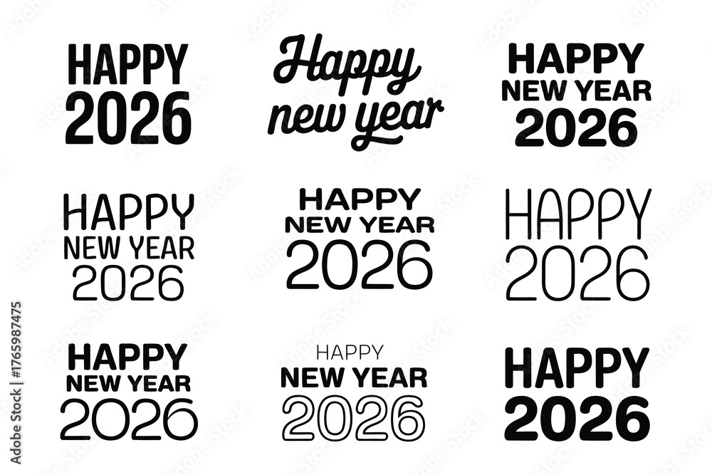Fototapeta premium Happy New Year 2026 Typography Bundle – Modern Black Text Designs