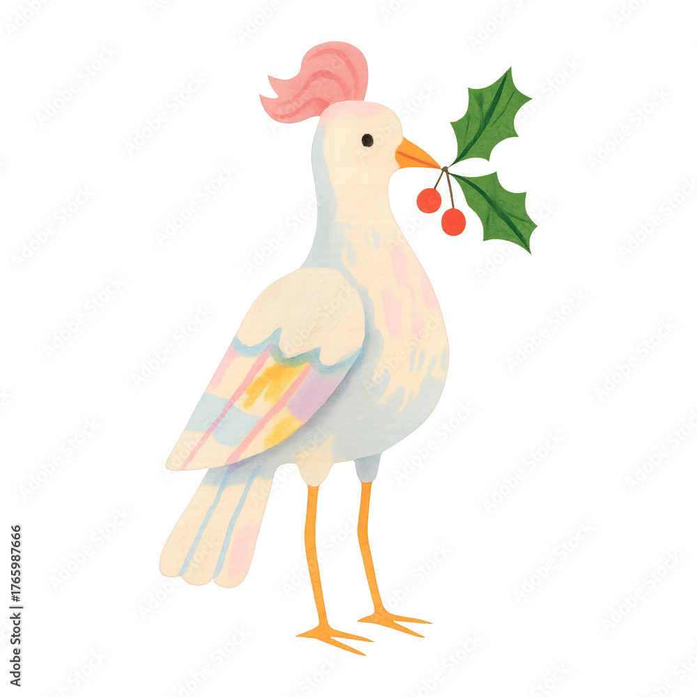 Obraz premium PNG Festive bird with holly illustration.