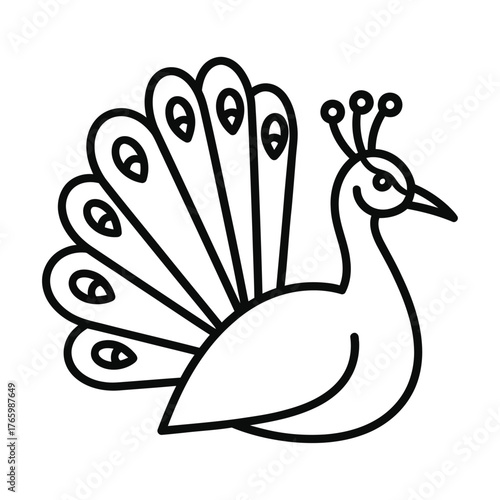 Simple line drawing of a peacock with fanned tail