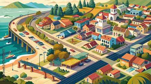 Very beautiful aerial panoramic view of Capitola, California, USA, showcasing the winding river, train tracks, and charming residential neighborhoods, all blending harmoniously in the town’s distincti