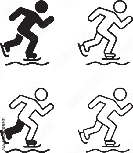Isolated ice skating icon set, winter sport, skater motion, minimal thin stroke, solid black outline, cold outdoor activity, holiday fun skating vector, editable ice skate vector art