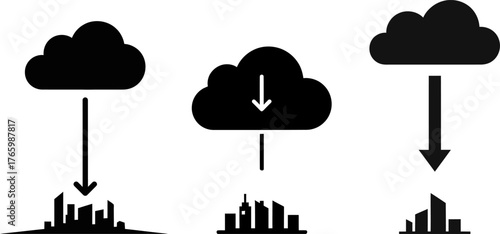 Cloud Download Over City Skyline – Data Transfer and Cloud Computing Concept Vector