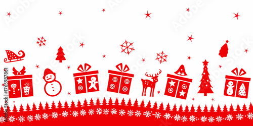 Festive red christmas icons border with snowflakes and gifts on white background