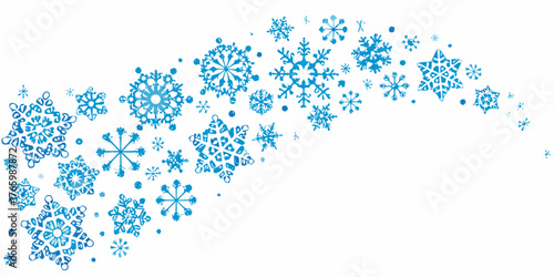 A cascade of blue snowflakes in various intricate designs and sizes flows across a white background