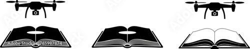 Drone Flying Over Open Book – Digital Learning and Education Technology Vector Illustration
