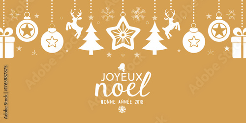 Elegant white christmas and new year greeting card with festive ornaments and text joyeux noel bonne annee 2018