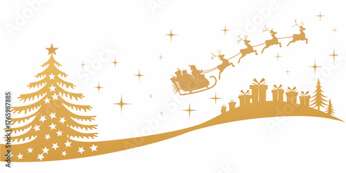 Golden silhouette of santa claus flying in his sleigh with reindeer over a snowy landscape with christmas trees and gifts