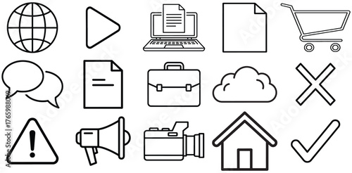 Digital Icons Set, Collection Of Globe Laptop File And Cloud Symbols For Business Design Project Management And Online Applications


