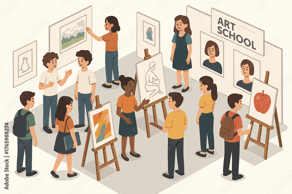 Obraz premium Diverse teenagers engaging in art activities at an art school gallery